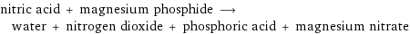 nitric acid + magnesium phosphide ⟶ water + nitrogen dioxide + phosphoric acid + magnesium nitrate