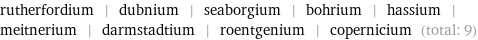 rutherfordium | dubnium | seaborgium | bohrium | hassium | meitnerium | darmstadtium | roentgenium | copernicium (total: 9)