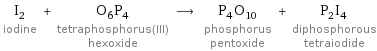 I_2 iodine + O_6P_4 tetraphosphorus(III) hexoxide ⟶ P_4O_10 phosphorus pentoxide + P_2I_4 diphosphorous tetraiodide