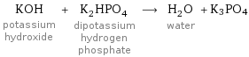 KOH potassium hydroxide + K_2HPO_4 dipotassium hydrogen phosphate ⟶ H_2O water + K3PO4