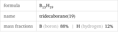 formula | B_13H_19 name | tridecaborane(19) mass fractions | B (boron) 88% | H (hydrogen) 12%