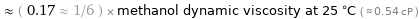  ≈ ( 0.17 ≈ 1/6 ) × methanol dynamic viscosity at 25 °C ( ≈ 0.54 cP )