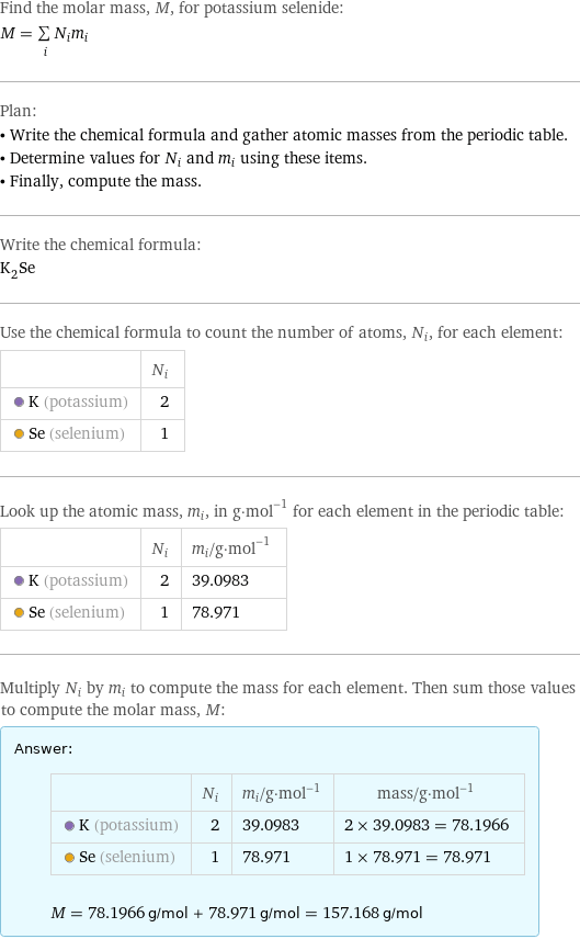 Find the molar mass, M, for potassium selenide: M = sum _iN_im_i Plan: • Write the chemical formula and gather atomic masses from the periodic table. • Determine values for N_i and m_i using these items. • Finally, compute the mass. Write the chemical formula: K_2Se Use the chemical formula to count the number of atoms, N_i, for each element:  | N_i  K (potassium) | 2  Se (selenium) | 1 Look up the atomic mass, m_i, in g·mol^(-1) for each element in the periodic table:  | N_i | m_i/g·mol^(-1)  K (potassium) | 2 | 39.0983  Se (selenium) | 1 | 78.971 Multiply N_i by m_i to compute the mass for each element. Then sum those values to compute the molar mass, M: Answer: |   | | N_i | m_i/g·mol^(-1) | mass/g·mol^(-1)  K (potassium) | 2 | 39.0983 | 2 × 39.0983 = 78.1966  Se (selenium) | 1 | 78.971 | 1 × 78.971 = 78.971  M = 78.1966 g/mol + 78.971 g/mol = 157.168 g/mol