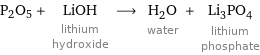P2O5 + LiOH lithium hydroxide ⟶ H_2O water + Li_3PO_4 lithium phosphate