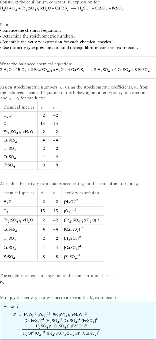 Construct the equilibrium constant, K, expression for: H_2O + O_2 + Fe_2(SO_4)_3·xH_2O + CuFeS_2 ⟶ H_2SO_4 + CuSO_4 + FeSO_4 Plan: • Balance the chemical equation. • Determine the stoichiometric numbers. • Assemble the activity expression for each chemical species. • Use the activity expressions to build the equilibrium constant expression. Write the balanced chemical equation: 2 H_2O + 15 O_2 + 2 Fe_2(SO_4)_3·xH_2O + 4 CuFeS_2 ⟶ 2 H_2SO_4 + 4 CuSO_4 + 8 FeSO_4 Assign stoichiometric numbers, ν_i, using the stoichiometric coefficients, c_i, from the balanced chemical equation in the following manner: ν_i = -c_i for reactants and ν_i = c_i for products: chemical species | c_i | ν_i H_2O | 2 | -2 O_2 | 15 | -15 Fe_2(SO_4)_3·xH_2O | 2 | -2 CuFeS_2 | 4 | -4 H_2SO_4 | 2 | 2 CuSO_4 | 4 | 4 FeSO_4 | 8 | 8 Assemble the activity expressions accounting for the state of matter and ν_i: chemical species | c_i | ν_i | activity expression H_2O | 2 | -2 | ([H2O])^(-2) O_2 | 15 | -15 | ([O2])^(-15) Fe_2(SO_4)_3·xH_2O | 2 | -2 | ([Fe2(SO4)3·xH2O])^(-2) CuFeS_2 | 4 | -4 | ([CuFeS2])^(-4) H_2SO_4 | 2 | 2 | ([H2SO4])^2 CuSO_4 | 4 | 4 | ([CuSO4])^4 FeSO_4 | 8 | 8 | ([FeSO4])^8 The equilibrium constant symbol in the concentration basis is: K_c Mulitply the activity expressions to arrive at the K_c expression: Answer: |   | K_c = ([H2O])^(-2) ([O2])^(-15) ([Fe2(SO4)3·xH2O])^(-2) ([CuFeS2])^(-4) ([H2SO4])^2 ([CuSO4])^4 ([FeSO4])^8 = (([H2SO4])^2 ([CuSO4])^4 ([FeSO4])^8)/(([H2O])^2 ([O2])^15 ([Fe2(SO4)3·xH2O])^2 ([CuFeS2])^4)