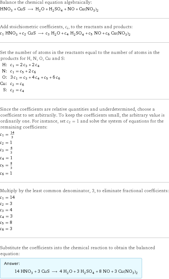 Balance the chemical equation algebraically: HNO_3 + CuS ⟶ H_2O + H_2SO_4 + NO + Cu(NO_3)_2 Add stoichiometric coefficients, c_i, to the reactants and products: c_1 HNO_3 + c_2 CuS ⟶ c_3 H_2O + c_4 H_2SO_4 + c_5 NO + c_6 Cu(NO_3)_2 Set the number of atoms in the reactants equal to the number of atoms in the products for H, N, O, Cu and S: H: | c_1 = 2 c_3 + 2 c_4 N: | c_1 = c_5 + 2 c_6 O: | 3 c_1 = c_3 + 4 c_4 + c_5 + 6 c_6 Cu: | c_2 = c_6 S: | c_2 = c_4 Since the coefficients are relative quantities and underdetermined, choose a coefficient to set arbitrarily. To keep the coefficients small, the arbitrary value is ordinarily one. For instance, set c_2 = 1 and solve the system of equations for the remaining coefficients: c_1 = 14/3 c_2 = 1 c_3 = 4/3 c_4 = 1 c_5 = 8/3 c_6 = 1 Multiply by the least common denominator, 3, to eliminate fractional coefficients: c_1 = 14 c_2 = 3 c_3 = 4 c_4 = 3 c_5 = 8 c_6 = 3 Substitute the coefficients into the chemical reaction to obtain the balanced equation: Answer: |   | 14 HNO_3 + 3 CuS ⟶ 4 H_2O + 3 H_2SO_4 + 8 NO + 3 Cu(NO_3)_2