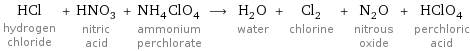 HCl hydrogen chloride + HNO_3 nitric acid + NH_4ClO_4 ammonium perchlorate ⟶ H_2O water + Cl_2 chlorine + N_2O nitrous oxide + HClO_4 perchloric acid