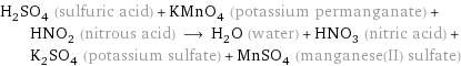 H_2SO_4 (sulfuric acid) + KMnO_4 (potassium permanganate) + HNO_2 (nitrous acid) ⟶ H_2O (water) + HNO_3 (nitric acid) + K_2SO_4 (potassium sulfate) + MnSO_4 (manganese(II) sulfate)