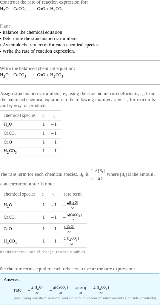 Construct the rate of reaction expression for: H_2O + CaCO_3 ⟶ CaO + H_2CO_3 Plan: • Balance the chemical equation. • Determine the stoichiometric numbers. • Assemble the rate term for each chemical species. • Write the rate of reaction expression. Write the balanced chemical equation: H_2O + CaCO_3 ⟶ CaO + H_2CO_3 Assign stoichiometric numbers, ν_i, using the stoichiometric coefficients, c_i, from the balanced chemical equation in the following manner: ν_i = -c_i for reactants and ν_i = c_i for products: chemical species | c_i | ν_i H_2O | 1 | -1 CaCO_3 | 1 | -1 CaO | 1 | 1 H_2CO_3 | 1 | 1 The rate term for each chemical species, B_i, is 1/ν_i(Δ[B_i])/(Δt) where [B_i] is the amount concentration and t is time: chemical species | c_i | ν_i | rate term H_2O | 1 | -1 | -(Δ[H2O])/(Δt) CaCO_3 | 1 | -1 | -(Δ[CaCO3])/(Δt) CaO | 1 | 1 | (Δ[CaO])/(Δt) H_2CO_3 | 1 | 1 | (Δ[H2CO3])/(Δt) (for infinitesimal rate of change, replace Δ with d) Set the rate terms equal to each other to arrive at the rate expression: Answer: |   | rate = -(Δ[H2O])/(Δt) = -(Δ[CaCO3])/(Δt) = (Δ[CaO])/(Δt) = (Δ[H2CO3])/(Δt) (assuming constant volume and no accumulation of intermediates or side products)