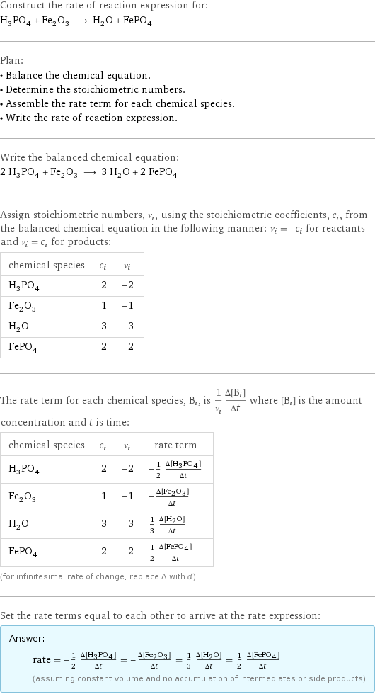 Construct the rate of reaction expression for: H_3PO_4 + Fe_2O_3 ⟶ H_2O + FePO_4 Plan: • Balance the chemical equation. • Determine the stoichiometric numbers. • Assemble the rate term for each chemical species. • Write the rate of reaction expression. Write the balanced chemical equation: 2 H_3PO_4 + Fe_2O_3 ⟶ 3 H_2O + 2 FePO_4 Assign stoichiometric numbers, ν_i, using the stoichiometric coefficients, c_i, from the balanced chemical equation in the following manner: ν_i = -c_i for reactants and ν_i = c_i for products: chemical species | c_i | ν_i H_3PO_4 | 2 | -2 Fe_2O_3 | 1 | -1 H_2O | 3 | 3 FePO_4 | 2 | 2 The rate term for each chemical species, B_i, is 1/ν_i(Δ[B_i])/(Δt) where [B_i] is the amount concentration and t is time: chemical species | c_i | ν_i | rate term H_3PO_4 | 2 | -2 | -1/2 (Δ[H3PO4])/(Δt) Fe_2O_3 | 1 | -1 | -(Δ[Fe2O3])/(Δt) H_2O | 3 | 3 | 1/3 (Δ[H2O])/(Δt) FePO_4 | 2 | 2 | 1/2 (Δ[FePO4])/(Δt) (for infinitesimal rate of change, replace Δ with d) Set the rate terms equal to each other to arrive at the rate expression: Answer: |   | rate = -1/2 (Δ[H3PO4])/(Δt) = -(Δ[Fe2O3])/(Δt) = 1/3 (Δ[H2O])/(Δt) = 1/2 (Δ[FePO4])/(Δt) (assuming constant volume and no accumulation of intermediates or side products)