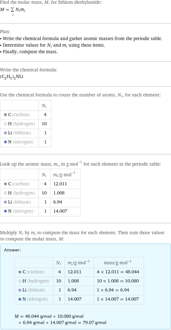 Find the molar mass, M, for lithium diethylamide: M = sum _iN_im_i Plan: • Write the chemical formula and gather atomic masses from the periodic table. • Determine values for N_i and m_i using these items. • Finally, compute the mass. Write the chemical formula: (C_2H_5)_2NLi Use the chemical formula to count the number of atoms, N_i, for each element:  | N_i  C (carbon) | 4  H (hydrogen) | 10  Li (lithium) | 1  N (nitrogen) | 1 Look up the atomic mass, m_i, in g·mol^(-1) for each element in the periodic table:  | N_i | m_i/g·mol^(-1)  C (carbon) | 4 | 12.011  H (hydrogen) | 10 | 1.008  Li (lithium) | 1 | 6.94  N (nitrogen) | 1 | 14.007 Multiply N_i by m_i to compute the mass for each element. Then sum those values to compute the molar mass, M: Answer: |   | | N_i | m_i/g·mol^(-1) | mass/g·mol^(-1)  C (carbon) | 4 | 12.011 | 4 × 12.011 = 48.044  H (hydrogen) | 10 | 1.008 | 10 × 1.008 = 10.080  Li (lithium) | 1 | 6.94 | 1 × 6.94 = 6.94  N (nitrogen) | 1 | 14.007 | 1 × 14.007 = 14.007  M = 48.044 g/mol + 10.080 g/mol + 6.94 g/mol + 14.007 g/mol = 79.07 g/mol