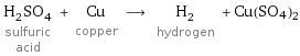 H_2SO_4 sulfuric acid + Cu copper ⟶ H_2 hydrogen + Cu(SO4)2