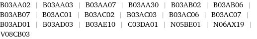 B03AA02 | B03AA03 | B03AA07 | B03AA30 | B03AB02 | B03AB06 | B03AB07 | B03AC01 | B03AC02 | B03AC03 | B03AC06 | B03AC07 | B03AD01 | B03AD03 | B03AE10 | C03DA01 | N05BE01 | N06AX19 | V08CB03