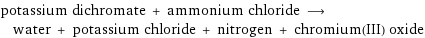 potassium dichromate + ammonium chloride ⟶ water + potassium chloride + nitrogen + chromium(III) oxide