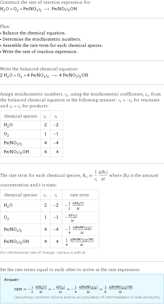 Construct the rate of reaction expression for: H_2O + O_2 + Fe(NO_3)_2 ⟶ Fe(NO3)2OH Plan: • Balance the chemical equation. • Determine the stoichiometric numbers. • Assemble the rate term for each chemical species. • Write the rate of reaction expression. Write the balanced chemical equation: 2 H_2O + O_2 + 4 Fe(NO_3)_2 ⟶ 4 Fe(NO3)2OH Assign stoichiometric numbers, ν_i, using the stoichiometric coefficients, c_i, from the balanced chemical equation in the following manner: ν_i = -c_i for reactants and ν_i = c_i for products: chemical species | c_i | ν_i H_2O | 2 | -2 O_2 | 1 | -1 Fe(NO_3)_2 | 4 | -4 Fe(NO3)2OH | 4 | 4 The rate term for each chemical species, B_i, is 1/ν_i(Δ[B_i])/(Δt) where [B_i] is the amount concentration and t is time: chemical species | c_i | ν_i | rate term H_2O | 2 | -2 | -1/2 (Δ[H2O])/(Δt) O_2 | 1 | -1 | -(Δ[O2])/(Δt) Fe(NO_3)_2 | 4 | -4 | -1/4 (Δ[Fe(NO3)2])/(Δt) Fe(NO3)2OH | 4 | 4 | 1/4 (Δ[Fe(NO3)2OH])/(Δt) (for infinitesimal rate of change, replace Δ with d) Set the rate terms equal to each other to arrive at the rate expression: Answer: |   | rate = -1/2 (Δ[H2O])/(Δt) = -(Δ[O2])/(Δt) = -1/4 (Δ[Fe(NO3)2])/(Δt) = 1/4 (Δ[Fe(NO3)2OH])/(Δt) (assuming constant volume and no accumulation of intermediates or side products)