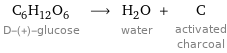 C_6H_12O_6 D-(+)-glucose ⟶ H_2O water + C activated charcoal