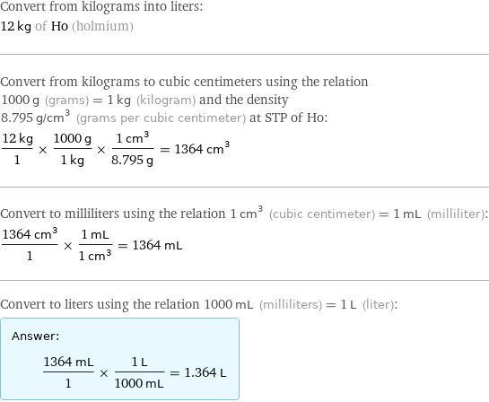 Convert from kilograms into liters: 12 kg of Ho (holmium) Convert from kilograms to cubic centimeters using the relation 1000 g (grams) = 1 kg (kilogram) and the density 8.795 g/cm^3 (grams per cubic centimeter) at STP of Ho: (12 kg)/1 × (1000 g)/(1 kg) × (1 cm^3)/(8.795 g) = 1364 cm^3 Convert to milliliters using the relation 1 cm^3 (cubic centimeter) = 1 mL (milliliter): (1364 cm^3)/1 × (1 mL)/(1 cm^3) = 1364 mL Convert to liters using the relation 1000 mL (milliliters) = 1 L (liter): Answer: |   | (1364 mL)/1 × (1 L)/(1000 mL) = 1.364 L