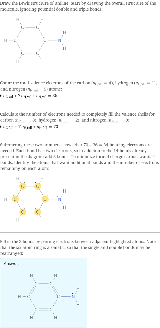 Draw the Lewis structure of aniline. Start by drawing the overall structure of the molecule, ignoring potential double and triple bonds:  Count the total valence electrons of the carbon (n_C, val = 4), hydrogen (n_H, val = 1), and nitrogen (n_N, val = 5) atoms: 6 n_C, val + 7 n_H, val + n_N, val = 36 Calculate the number of electrons needed to completely fill the valence shells for carbon (n_C, full = 8), hydrogen (n_H, full = 2), and nitrogen (n_N, full = 8): 6 n_C, full + 7 n_H, full + n_N, full = 70 Subtracting these two numbers shows that 70 - 36 = 34 bonding electrons are needed. Each bond has two electrons, so in addition to the 14 bonds already present in the diagram add 3 bonds. To minimize formal charge carbon wants 4 bonds. Identify the atoms that want additional bonds and the number of electrons remaining on each atom:  Fill in the 3 bonds by pairing electrons between adjacent highlighted atoms. Note that the six atom ring is aromatic, so that the single and double bonds may be rearranged: Answer: |   | 