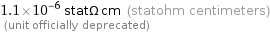 1.1×10^-6 statΩ cm (statohm centimeters)  (unit officially deprecated)