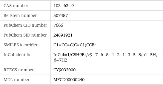 CAS number | 103-63-9 Beilstein number | 507487 PubChem CID number | 7666 PubChem SID number | 24891921 SMILES identifier | C1=CC=C(C=C1)CCBr InChI identifier | InChI=1/C8H9Br/c9-7-6-8-4-2-1-3-5-8/h1-5H, 6-7H2 RTECS number | CY9032000 MDL number | MFCD00000240