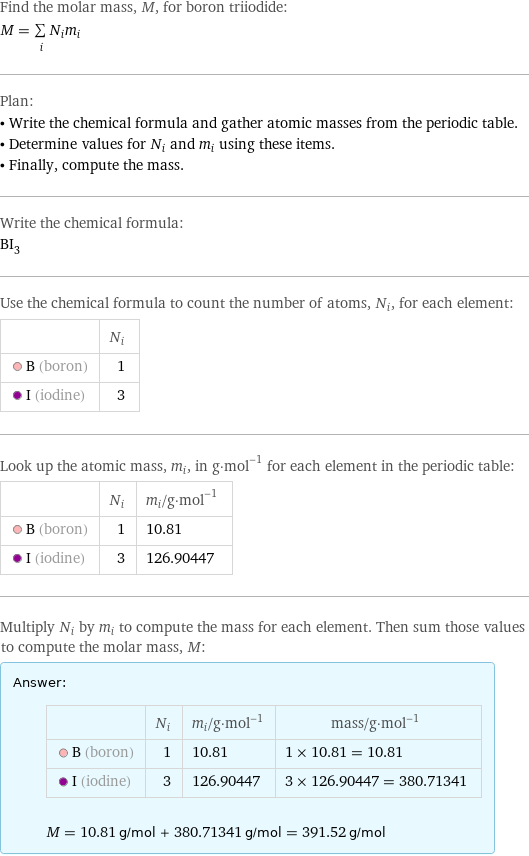 Find the molar mass, M, for boron triiodide: M = sum _iN_im_i Plan: • Write the chemical formula and gather atomic masses from the periodic table. • Determine values for N_i and m_i using these items. • Finally, compute the mass. Write the chemical formula: BI_3 Use the chemical formula to count the number of atoms, N_i, for each element:  | N_i  B (boron) | 1  I (iodine) | 3 Look up the atomic mass, m_i, in g·mol^(-1) for each element in the periodic table:  | N_i | m_i/g·mol^(-1)  B (boron) | 1 | 10.81  I (iodine) | 3 | 126.90447 Multiply N_i by m_i to compute the mass for each element. Then sum those values to compute the molar mass, M: Answer: |   | | N_i | m_i/g·mol^(-1) | mass/g·mol^(-1)  B (boron) | 1 | 10.81 | 1 × 10.81 = 10.81  I (iodine) | 3 | 126.90447 | 3 × 126.90447 = 380.71341  M = 10.81 g/mol + 380.71341 g/mol = 391.52 g/mol