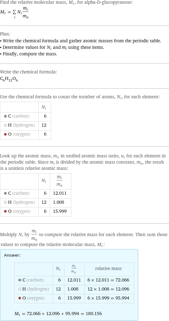 Find the relative molecular mass, M_r, for alpha-D-glucopyranose: M_r = sum _iN_im_i/m_u Plan: • Write the chemical formula and gather atomic masses from the periodic table. • Determine values for N_i and m_i using these items. • Finally, compute the mass. Write the chemical formula: C_6H_12O_6 Use the chemical formula to count the number of atoms, N_i, for each element:  | N_i  C (carbon) | 6  H (hydrogen) | 12  O (oxygen) | 6 Look up the atomic mass, m_i, in unified atomic mass units, u, for each element in the periodic table. Since m_i is divided by the atomic mass constant, m_u, the result is a unitless relative atomic mass:  | N_i | m_i/m_u  C (carbon) | 6 | 12.011  H (hydrogen) | 12 | 1.008  O (oxygen) | 6 | 15.999 Multiply N_i by m_i/m_u to compute the relative mass for each element. Then sum those values to compute the relative molecular mass, M_r: Answer: |   | | N_i | m_i/m_u | relative mass  C (carbon) | 6 | 12.011 | 6 × 12.011 = 72.066  H (hydrogen) | 12 | 1.008 | 12 × 1.008 = 12.096  O (oxygen) | 6 | 15.999 | 6 × 15.999 = 95.994  M_r = 72.066 + 12.096 + 95.994 = 180.156