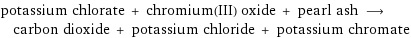 potassium chlorate + chromium(III) oxide + pearl ash ⟶ carbon dioxide + potassium chloride + potassium chromate
