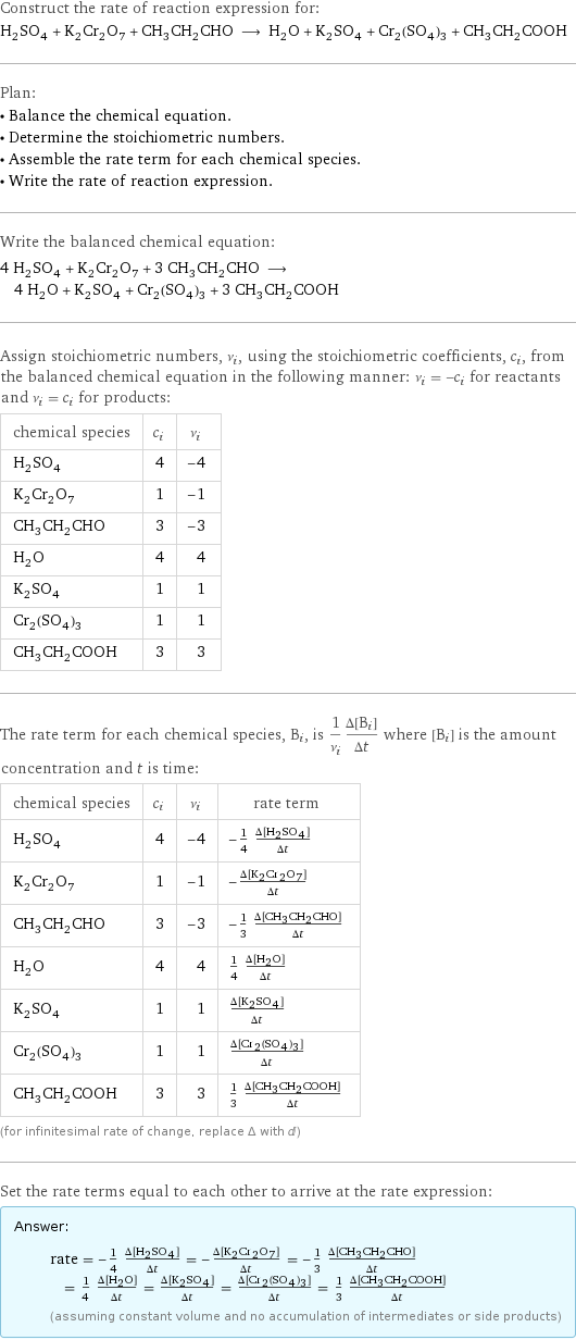 Construct the rate of reaction expression for: H_2SO_4 + K_2Cr_2O_7 + CH_3CH_2CHO ⟶ H_2O + K_2SO_4 + Cr_2(SO_4)_3 + CH_3CH_2COOH Plan: • Balance the chemical equation. • Determine the stoichiometric numbers. • Assemble the rate term for each chemical species. • Write the rate of reaction expression. Write the balanced chemical equation: 4 H_2SO_4 + K_2Cr_2O_7 + 3 CH_3CH_2CHO ⟶ 4 H_2O + K_2SO_4 + Cr_2(SO_4)_3 + 3 CH_3CH_2COOH Assign stoichiometric numbers, ν_i, using the stoichiometric coefficients, c_i, from the balanced chemical equation in the following manner: ν_i = -c_i for reactants and ν_i = c_i for products: chemical species | c_i | ν_i H_2SO_4 | 4 | -4 K_2Cr_2O_7 | 1 | -1 CH_3CH_2CHO | 3 | -3 H_2O | 4 | 4 K_2SO_4 | 1 | 1 Cr_2(SO_4)_3 | 1 | 1 CH_3CH_2COOH | 3 | 3 The rate term for each chemical species, B_i, is 1/ν_i(Δ[B_i])/(Δt) where [B_i] is the amount concentration and t is time: chemical species | c_i | ν_i | rate term H_2SO_4 | 4 | -4 | -1/4 (Δ[H2SO4])/(Δt) K_2Cr_2O_7 | 1 | -1 | -(Δ[K2Cr2O7])/(Δt) CH_3CH_2CHO | 3 | -3 | -1/3 (Δ[CH3CH2CHO])/(Δt) H_2O | 4 | 4 | 1/4 (Δ[H2O])/(Δt) K_2SO_4 | 1 | 1 | (Δ[K2SO4])/(Δt) Cr_2(SO_4)_3 | 1 | 1 | (Δ[Cr2(SO4)3])/(Δt) CH_3CH_2COOH | 3 | 3 | 1/3 (Δ[CH3CH2COOH])/(Δt) (for infinitesimal rate of change, replace Δ with d) Set the rate terms equal to each other to arrive at the rate expression: Answer: |   | rate = -1/4 (Δ[H2SO4])/(Δt) = -(Δ[K2Cr2O7])/(Δt) = -1/3 (Δ[CH3CH2CHO])/(Δt) = 1/4 (Δ[H2O])/(Δt) = (Δ[K2SO4])/(Δt) = (Δ[Cr2(SO4)3])/(Δt) = 1/3 (Δ[CH3CH2COOH])/(Δt) (assuming constant volume and no accumulation of intermediates or side products)