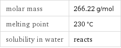 molar mass | 266.22 g/mol melting point | 230 °C solubility in water | reacts