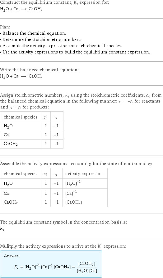 Construct the equilibrium constant, K, expression for: H_2O + Ca ⟶ CaOH2 Plan: • Balance the chemical equation. • Determine the stoichiometric numbers. • Assemble the activity expression for each chemical species. • Use the activity expressions to build the equilibrium constant expression. Write the balanced chemical equation: H_2O + Ca ⟶ CaOH2 Assign stoichiometric numbers, ν_i, using the stoichiometric coefficients, c_i, from the balanced chemical equation in the following manner: ν_i = -c_i for reactants and ν_i = c_i for products: chemical species | c_i | ν_i H_2O | 1 | -1 Ca | 1 | -1 CaOH2 | 1 | 1 Assemble the activity expressions accounting for the state of matter and ν_i: chemical species | c_i | ν_i | activity expression H_2O | 1 | -1 | ([H2O])^(-1) Ca | 1 | -1 | ([Ca])^(-1) CaOH2 | 1 | 1 | [CaOH2] The equilibrium constant symbol in the concentration basis is: K_c Mulitply the activity expressions to arrive at the K_c expression: Answer: |   | K_c = ([H2O])^(-1) ([Ca])^(-1) [CaOH2] = ([CaOH2])/([H2O] [Ca])