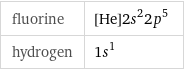 fluorine | [He]2s^22p^5 hydrogen | 1s^1