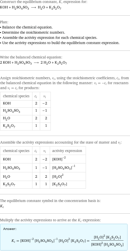 Construct the equilibrium constant, K, expression for: KOH + H_2SO_4SO_3 ⟶ H_2O + K_2S_2O_7 Plan: • Balance the chemical equation. • Determine the stoichiometric numbers. • Assemble the activity expression for each chemical species. • Use the activity expressions to build the equilibrium constant expression. Write the balanced chemical equation: 2 KOH + H_2SO_4SO_3 ⟶ 2 H_2O + K_2S_2O_7 Assign stoichiometric numbers, ν_i, using the stoichiometric coefficients, c_i, from the balanced chemical equation in the following manner: ν_i = -c_i for reactants and ν_i = c_i for products: chemical species | c_i | ν_i KOH | 2 | -2 H_2SO_4SO_3 | 1 | -1 H_2O | 2 | 2 K_2S_2O_7 | 1 | 1 Assemble the activity expressions accounting for the state of matter and ν_i: chemical species | c_i | ν_i | activity expression KOH | 2 | -2 | ([KOH])^(-2) H_2SO_4SO_3 | 1 | -1 | ([H2SO4SO3])^(-1) H_2O | 2 | 2 | ([H2O])^2 K_2S_2O_7 | 1 | 1 | [K2S2O7] The equilibrium constant symbol in the concentration basis is: K_c Mulitply the activity expressions to arrive at the K_c expression: Answer: |   | K_c = ([KOH])^(-2) ([H2SO4SO3])^(-1) ([H2O])^2 [K2S2O7] = (([H2O])^2 [K2S2O7])/(([KOH])^2 [H2SO4SO3])