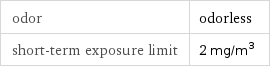 odor | odorless short-term exposure limit | 2 mg/m^3