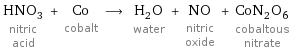 HNO_3 nitric acid + Co cobalt ⟶ H_2O water + NO nitric oxide + CoN_2O_6 cobaltous nitrate