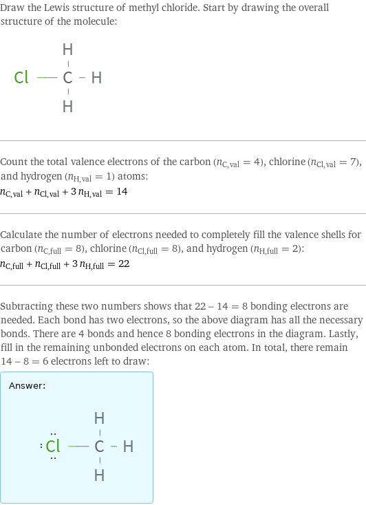 Draw the Lewis structure of methyl chloride. Start by drawing the overall structure of the molecule:  Count the total valence electrons of the carbon (n_C, val = 4), chlorine (n_Cl, val = 7), and hydrogen (n_H, val = 1) atoms: n_C, val + n_Cl, val + 3 n_H, val = 14 Calculate the number of electrons needed to completely fill the valence shells for carbon (n_C, full = 8), chlorine (n_Cl, full = 8), and hydrogen (n_H, full = 2): n_C, full + n_Cl, full + 3 n_H, full = 22 Subtracting these two numbers shows that 22 - 14 = 8 bonding electrons are needed. Each bond has two electrons, so the above diagram has all the necessary bonds. There are 4 bonds and hence 8 bonding electrons in the diagram. Lastly, fill in the remaining unbonded electrons on each atom. In total, there remain 14 - 8 = 6 electrons left to draw: Answer: |   | 