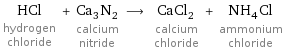 HCl hydrogen chloride + Ca_3N_2 calcium nitride ⟶ CaCl_2 calcium chloride + NH_4Cl ammonium chloride