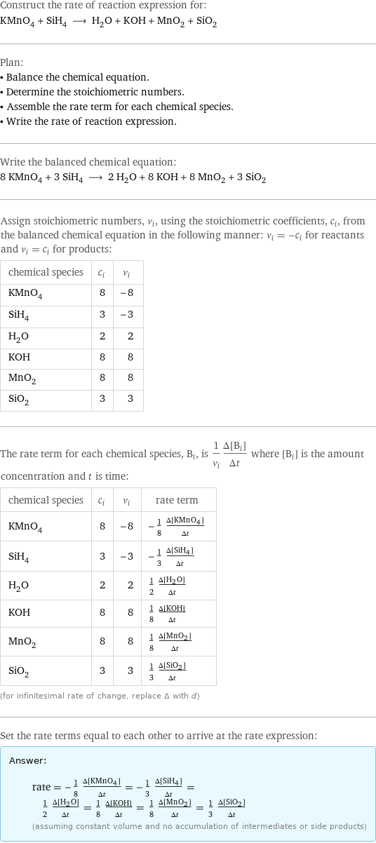 Construct the rate of reaction expression for: KMnO_4 + SiH_4 ⟶ H_2O + KOH + MnO_2 + SiO_2 Plan: • Balance the chemical equation. • Determine the stoichiometric numbers. • Assemble the rate term for each chemical species. • Write the rate of reaction expression. Write the balanced chemical equation: 8 KMnO_4 + 3 SiH_4 ⟶ 2 H_2O + 8 KOH + 8 MnO_2 + 3 SiO_2 Assign stoichiometric numbers, ν_i, using the stoichiometric coefficients, c_i, from the balanced chemical equation in the following manner: ν_i = -c_i for reactants and ν_i = c_i for products: chemical species | c_i | ν_i KMnO_4 | 8 | -8 SiH_4 | 3 | -3 H_2O | 2 | 2 KOH | 8 | 8 MnO_2 | 8 | 8 SiO_2 | 3 | 3 The rate term for each chemical species, B_i, is 1/ν_i(Δ[B_i])/(Δt) where [B_i] is the amount concentration and t is time: chemical species | c_i | ν_i | rate term KMnO_4 | 8 | -8 | -1/8 (Δ[KMnO4])/(Δt) SiH_4 | 3 | -3 | -1/3 (Δ[SiH4])/(Δt) H_2O | 2 | 2 | 1/2 (Δ[H2O])/(Δt) KOH | 8 | 8 | 1/8 (Δ[KOH])/(Δt) MnO_2 | 8 | 8 | 1/8 (Δ[MnO2])/(Δt) SiO_2 | 3 | 3 | 1/3 (Δ[SiO2])/(Δt) (for infinitesimal rate of change, replace Δ with d) Set the rate terms equal to each other to arrive at the rate expression: Answer: |   | rate = -1/8 (Δ[KMnO4])/(Δt) = -1/3 (Δ[SiH4])/(Δt) = 1/2 (Δ[H2O])/(Δt) = 1/8 (Δ[KOH])/(Δt) = 1/8 (Δ[MnO2])/(Δt) = 1/3 (Δ[SiO2])/(Δt) (assuming constant volume and no accumulation of intermediates or side products)