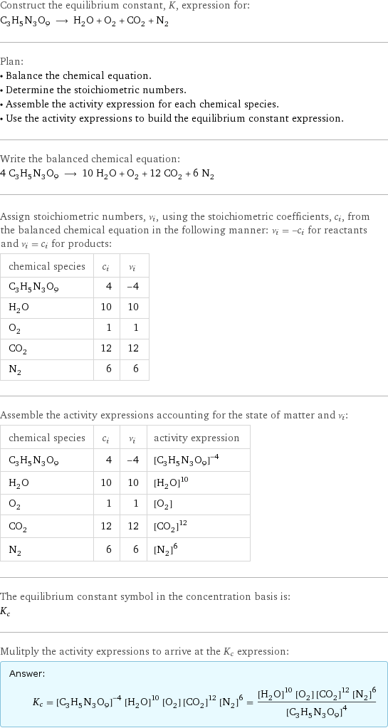 Construct the equilibrium constant, K, expression for: C_3H_5N_3O_9 ⟶ H_2O + O_2 + CO_2 + N_2 Plan: • Balance the chemical equation. • Determine the stoichiometric numbers. • Assemble the activity expression for each chemical species. • Use the activity expressions to build the equilibrium constant expression. Write the balanced chemical equation: 4 C_3H_5N_3O_9 ⟶ 10 H_2O + O_2 + 12 CO_2 + 6 N_2 Assign stoichiometric numbers, ν_i, using the stoichiometric coefficients, c_i, from the balanced chemical equation in the following manner: ν_i = -c_i for reactants and ν_i = c_i for products: chemical species | c_i | ν_i C_3H_5N_3O_9 | 4 | -4 H_2O | 10 | 10 O_2 | 1 | 1 CO_2 | 12 | 12 N_2 | 6 | 6 Assemble the activity expressions accounting for the state of matter and ν_i: chemical species | c_i | ν_i | activity expression C_3H_5N_3O_9 | 4 | -4 | ([C3H5N3O9])^(-4) H_2O | 10 | 10 | ([H2O])^10 O_2 | 1 | 1 | [O2] CO_2 | 12 | 12 | ([CO2])^12 N_2 | 6 | 6 | ([N2])^6 The equilibrium constant symbol in the concentration basis is: K_c Mulitply the activity expressions to arrive at the K_c expression: Answer: |   | K_c = ([C3H5N3O9])^(-4) ([H2O])^10 [O2] ([CO2])^12 ([N2])^6 = (([H2O])^10 [O2] ([CO2])^12 ([N2])^6)/([C3H5N3O9])^4