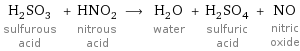 H_2SO_3 sulfurous acid + HNO_2 nitrous acid ⟶ H_2O water + H_2SO_4 sulfuric acid + NO nitric oxide