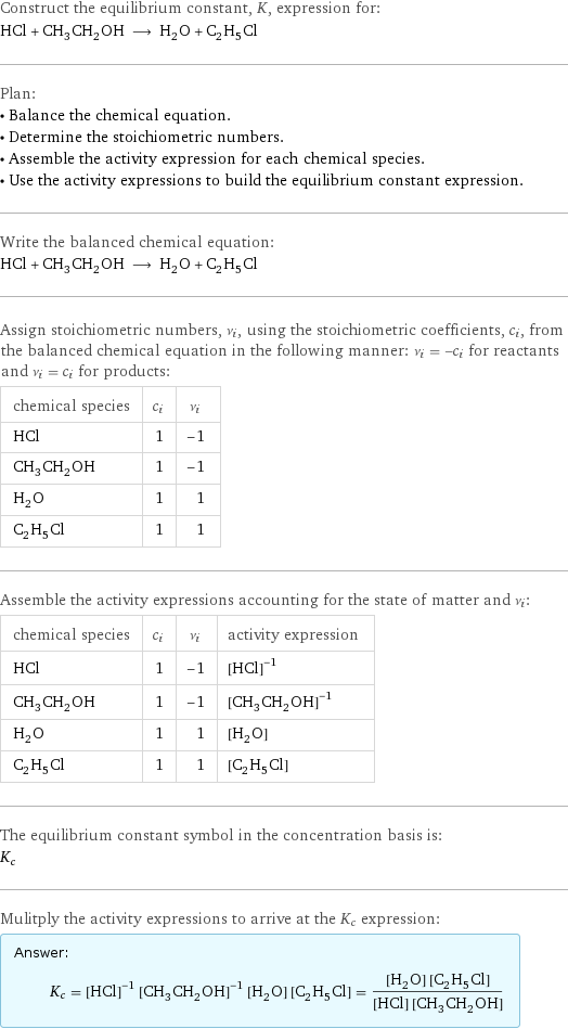 Construct the equilibrium constant, K, expression for: HCl + CH_3CH_2OH ⟶ H_2O + C_2H_5Cl Plan: • Balance the chemical equation. • Determine the stoichiometric numbers. • Assemble the activity expression for each chemical species. • Use the activity expressions to build the equilibrium constant expression. Write the balanced chemical equation: HCl + CH_3CH_2OH ⟶ H_2O + C_2H_5Cl Assign stoichiometric numbers, ν_i, using the stoichiometric coefficients, c_i, from the balanced chemical equation in the following manner: ν_i = -c_i for reactants and ν_i = c_i for products: chemical species | c_i | ν_i HCl | 1 | -1 CH_3CH_2OH | 1 | -1 H_2O | 1 | 1 C_2H_5Cl | 1 | 1 Assemble the activity expressions accounting for the state of matter and ν_i: chemical species | c_i | ν_i | activity expression HCl | 1 | -1 | ([HCl])^(-1) CH_3CH_2OH | 1 | -1 | ([CH3CH2OH])^(-1) H_2O | 1 | 1 | [H2O] C_2H_5Cl | 1 | 1 | [C2H5Cl] The equilibrium constant symbol in the concentration basis is: K_c Mulitply the activity expressions to arrive at the K_c expression: Answer: |   | K_c = ([HCl])^(-1) ([CH3CH2OH])^(-1) [H2O] [C2H5Cl] = ([H2O] [C2H5Cl])/([HCl] [CH3CH2OH])