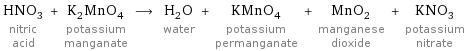 HNO_3 nitric acid + K_2MnO_4 potassium manganate ⟶ H_2O water + KMnO_4 potassium permanganate + MnO_2 manganese dioxide + KNO_3 potassium nitrate