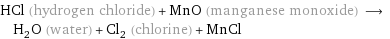 HCl (hydrogen chloride) + MnO (manganese monoxide) ⟶ H_2O (water) + Cl_2 (chlorine) + MnCl