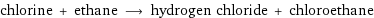 chlorine + ethane ⟶ hydrogen chloride + chloroethane