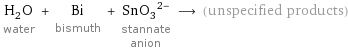 H_2O water + Bi bismuth + (SnO_3)^(2-) stannate anion ⟶ (unspecified products)