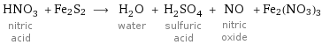 HNO_3 nitric acid + Fe2S2 ⟶ H_2O water + H_2SO_4 sulfuric acid + NO nitric oxide + Fe2(NO3)3