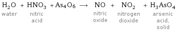 H_2O water + HNO_3 nitric acid + As4O6 ⟶ NO nitric oxide + NO_2 nitrogen dioxide + H_3AsO_4 arsenic acid, solid