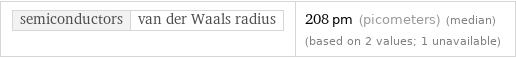 semiconductors | van der Waals radius | 208 pm (picometers) (median) (based on 2 values; 1 unavailable)