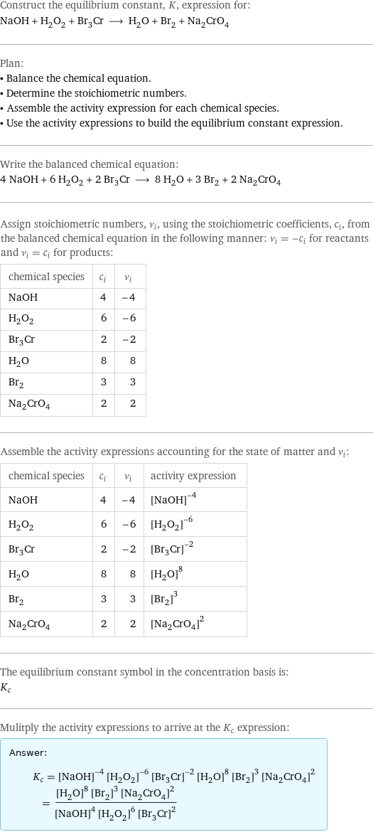 Construct the equilibrium constant, K, expression for: NaOH + H_2O_2 + Br_3Cr ⟶ H_2O + Br_2 + Na_2CrO_4 Plan: • Balance the chemical equation. • Determine the stoichiometric numbers. • Assemble the activity expression for each chemical species. • Use the activity expressions to build the equilibrium constant expression. Write the balanced chemical equation: 4 NaOH + 6 H_2O_2 + 2 Br_3Cr ⟶ 8 H_2O + 3 Br_2 + 2 Na_2CrO_4 Assign stoichiometric numbers, ν_i, using the stoichiometric coefficients, c_i, from the balanced chemical equation in the following manner: ν_i = -c_i for reactants and ν_i = c_i for products: chemical species | c_i | ν_i NaOH | 4 | -4 H_2O_2 | 6 | -6 Br_3Cr | 2 | -2 H_2O | 8 | 8 Br_2 | 3 | 3 Na_2CrO_4 | 2 | 2 Assemble the activity expressions accounting for the state of matter and ν_i: chemical species | c_i | ν_i | activity expression NaOH | 4 | -4 | ([NaOH])^(-4) H_2O_2 | 6 | -6 | ([H2O2])^(-6) Br_3Cr | 2 | -2 | ([Br3Cr])^(-2) H_2O | 8 | 8 | ([H2O])^8 Br_2 | 3 | 3 | ([Br2])^3 Na_2CrO_4 | 2 | 2 | ([Na2CrO4])^2 The equilibrium constant symbol in the concentration basis is: K_c Mulitply the activity expressions to arrive at the K_c expression: Answer: |   | K_c = ([NaOH])^(-4) ([H2O2])^(-6) ([Br3Cr])^(-2) ([H2O])^8 ([Br2])^3 ([Na2CrO4])^2 = (([H2O])^8 ([Br2])^3 ([Na2CrO4])^2)/(([NaOH])^4 ([H2O2])^6 ([Br3Cr])^2)