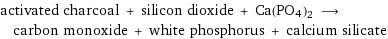 activated charcoal + silicon dioxide + Ca(PO4)2 ⟶ carbon monoxide + white phosphorus + calcium silicate