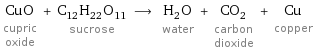 CuO cupric oxide + C_12H_22O_11 sucrose ⟶ H_2O water + CO_2 carbon dioxide + Cu copper